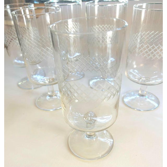 Glass 1960s Mid-Century Etched Water/ Wine Goblets Criss-Cross Band Center Set of 6 For Sale - Image 7 of 7