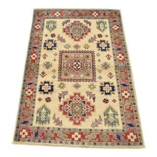 Kazak Rug 3’3” X 4’9” Beige Wool Tribal Hand-Knotted Oriental Carpet For Sale