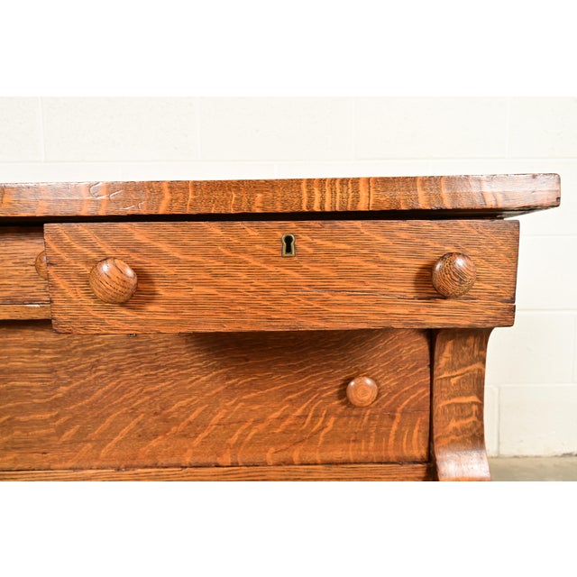 Wood Antique American Empire Carved Tiger Oak Lowboy Dresser, Circa 1900 For Sale - Image 7 of 11