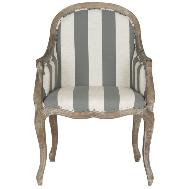 Wood Armchair With Awning Stripes in Flat Black nailheads in Grey & Off White & Pickled Oak For Sale - Image 7 of 7