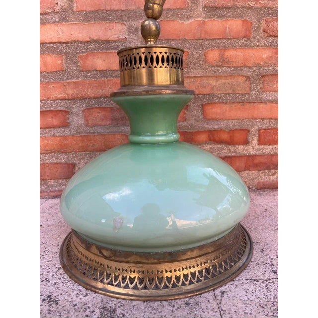 Metal Mid-Century Pulley Pendant Lamp with Opaline Green Crystal and Brass, 1960s For Sale - Image 7 of 10