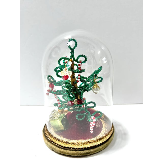 Wood 1970s Miniature Beaded Christmas Tree Under Glass Cloche For Sale - Image 7 of 8