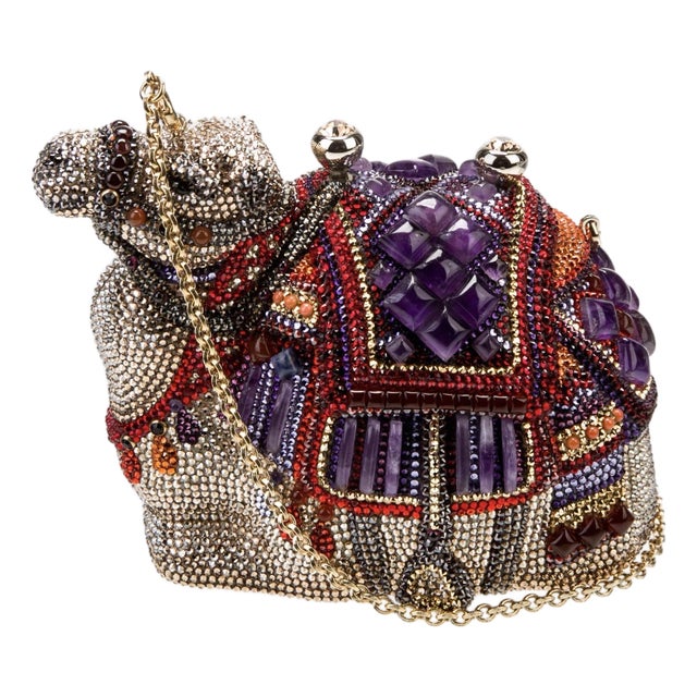 2009 Judith Leiber Camel Gemstone Amethyst Crystal Evening Bag Clutch Shoulder Animal Minaudiere For Sale