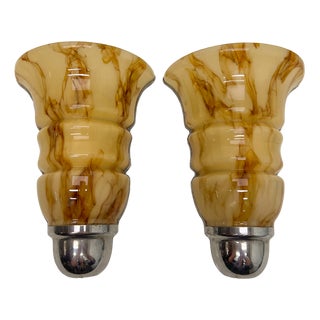 Art Deco Amber Acrylic Glass Marble Pattern Wall Lights, 1960s, Set of 2 For Sale