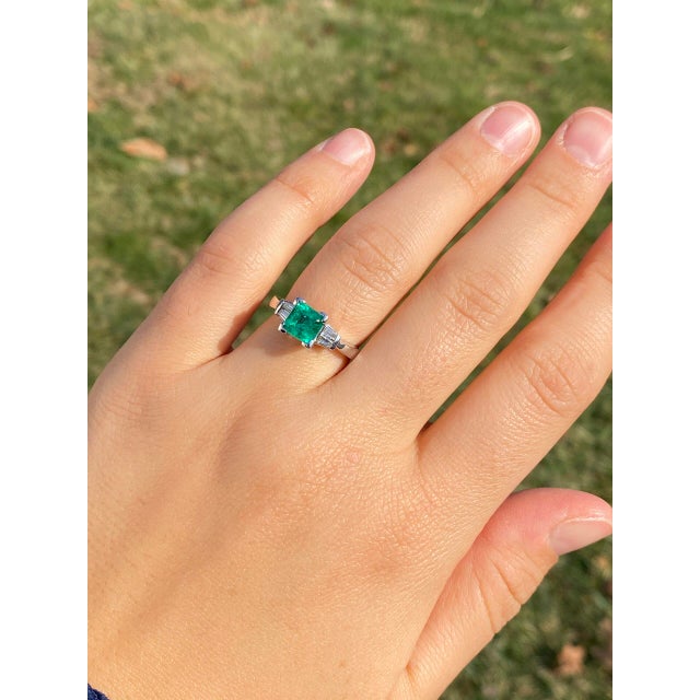 The 78th Avenue: Classic Square Emerald Cut Natural Emerald and Tapered Baguette Diamond Ring For Sale - Image 9 of 10