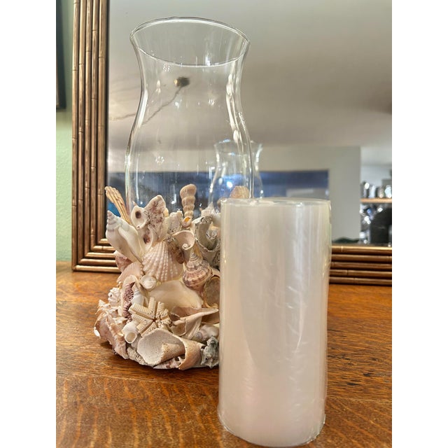 Ivory Coastal Palm Beach Handcrafted Seashell Encrusted Glass Hurricane Candle Holder For Sale - Image 8 of 11