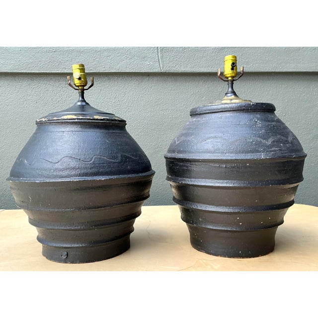 Contemporary Vintage Greek Painted Terracotta Lamps - A Pair For Sale - Image 3 of 12