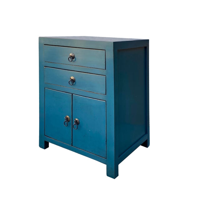 Asian Oriental Distressed Bold Bolection Blue 2 Drawers End Table Nightstand For Sale - Image 3 of 6