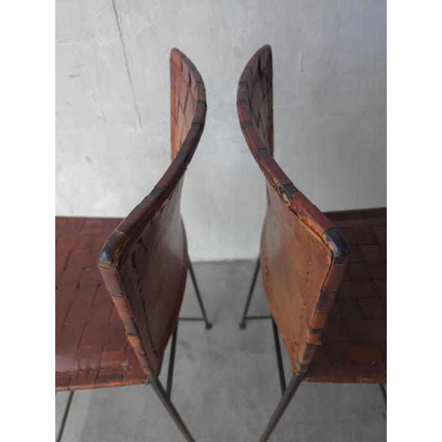 Pair of 1950s Woven Leather and Iron Bar Stools After Swift and Monell For Sale - Image 9 of 9