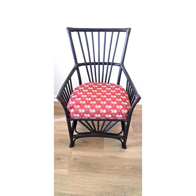 Pair of Palecek vintage armchairs, solid wicker construction, shaped bamboo and rattan in dark wood tone with leather...