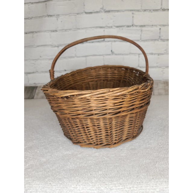 Vintage Hand Made Wicker Basket Bentwood Handle For Sale In Orlando - Image 6 of 12