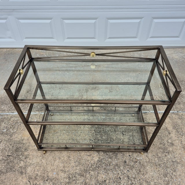 Modern Late 20th Century Neoclassical Maison Jansen Style 3-Tiered Metal & Glass Bar Cart or Serving Cart With Gallery For Sale - Image 3 of 10