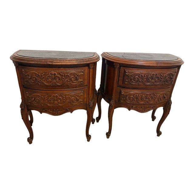 20th Century Two-Drawer Bedside Commode Nightstand With Marble Top, Pair For Sale