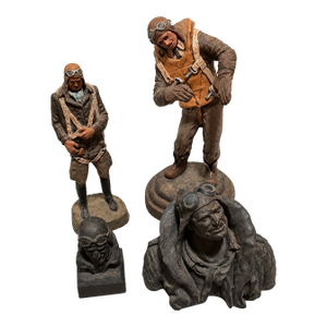 1960s Michael Garman Retired Aviator Sculpture Collection – 4-Piece Set (Early Flying Man, and There I Was, Flying Leather & Pilot Bust)