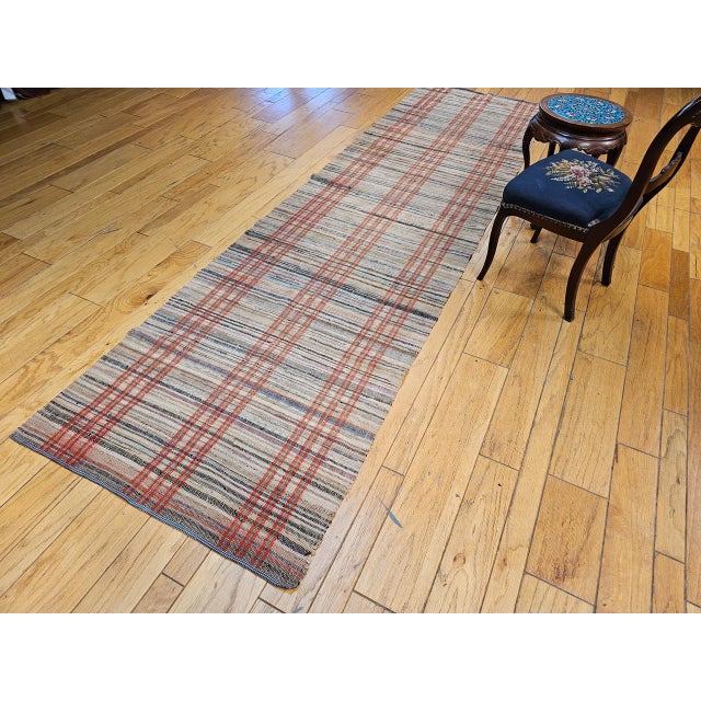 Vintage American Rag Runner, Hand-Woven Wool & Cotton, Ivory & Red Stripe Pattern, 3x13 For Sale - Image 12 of 14