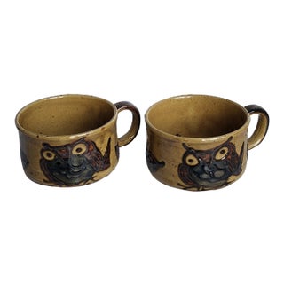 1960s Mid-Century Modern Owl Ceramic Cups - Pair For Sale