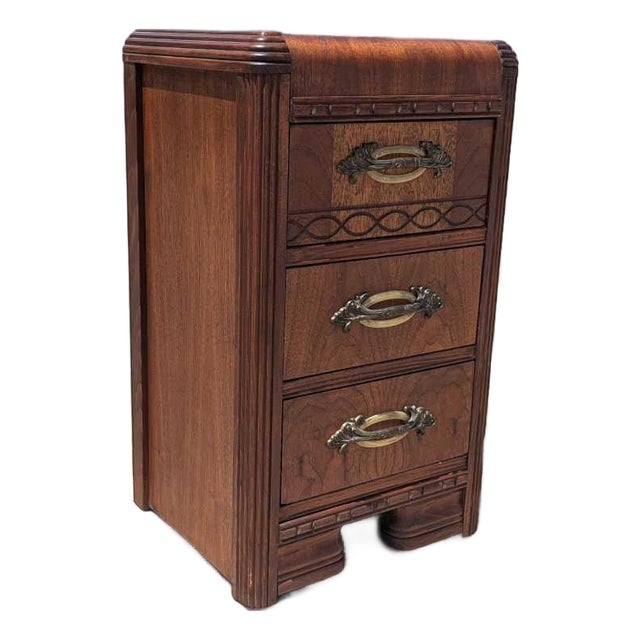 1930s Art Deco Waterfall Three-Drawer Nightstand For Sale