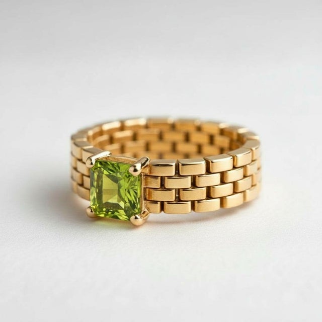 Modern Watch Band Shaped Ring With Peridot for Men, Silver, Gold, Size 10 For Sale - Image 3 of 5