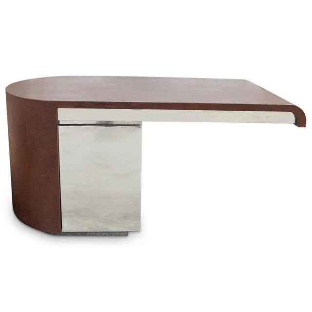 Ron Seff Mid-Century Modern "Cantilevered" desk with ostrich style brown leather wrapped top and stainless steel polished...