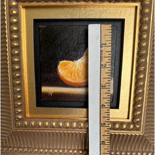 Black 21st Century Orange Slice Oil on Board Gilt Wood Framed Painting Yellow Black Gold Handmade Signed Still Life Fruit For Sale - Image 8 of 13