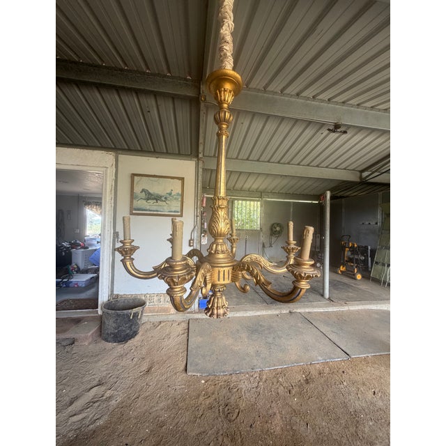 Wood Mid 20th Century Neoclassical Six Light Gilt Wood Chandelier For Sale - Image 7 of 9
