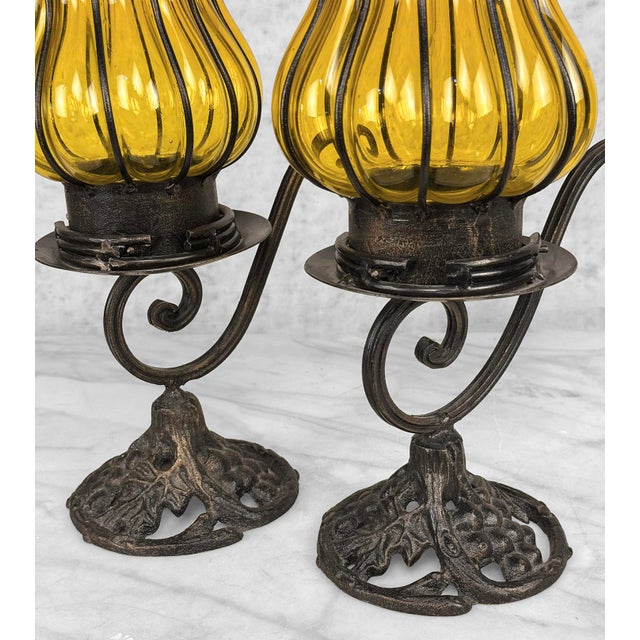 Amber Vintage Gothic Revival Wrought Iron & Blown Amber Glass Candle Holders - A Pair For Sale - Image 8 of 9