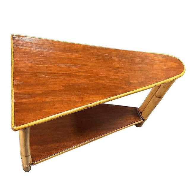 1950s Restored Mid-Century Rattan & Mahogany 2-Strand Wedge Side Table W/ Bottom Shelf For Sale - Image 4 of 6