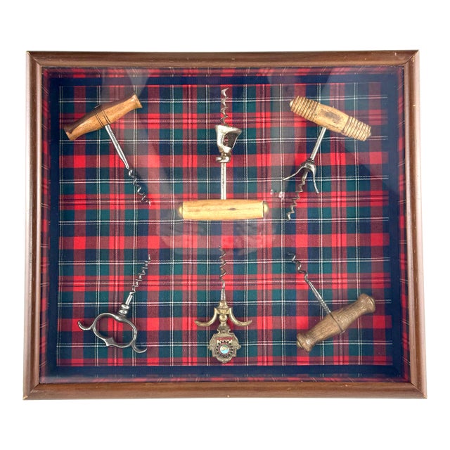 Vintage Framed Antique Corkscrew Collection on Tartan, One-of-a-Kind Yesteryear Los Angeles LTD Display For Sale