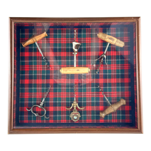 Vintage Framed Antique Corkscrew Collection on Tartan, One-of-a-Kind Yesteryear Los Angeles LTD Display