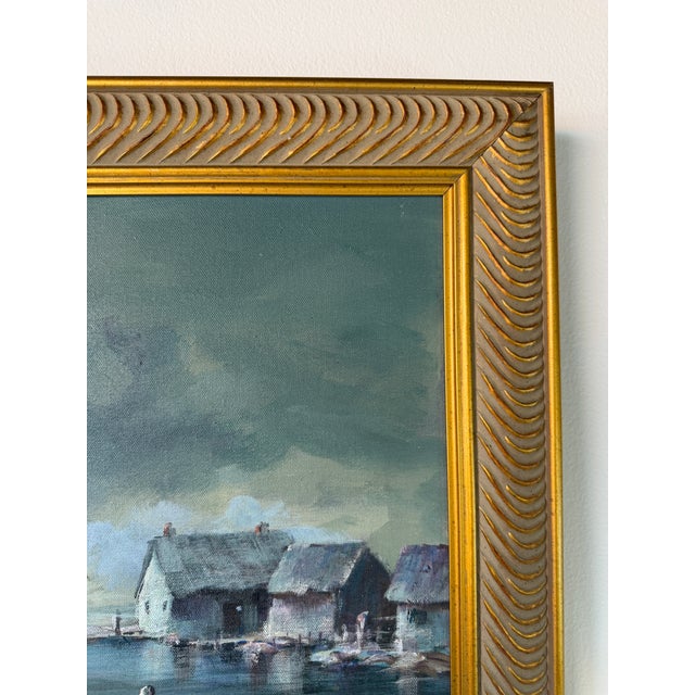 Wood 1970’s Vintage P. D. Kane Seascape Harbor Oil on Canvas Painting – Framed For Sale - Image 7 of 14