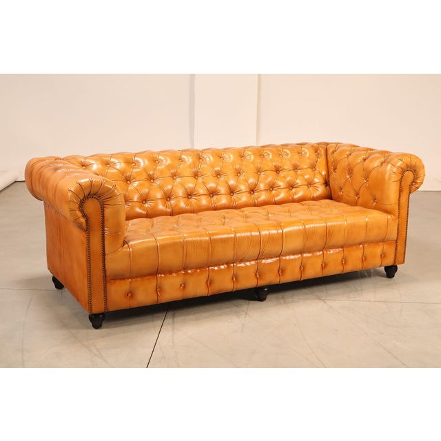 High Quality Seven-Foot Button Tufted Leather Sofa with Brass Tack Trim and Turned Feet