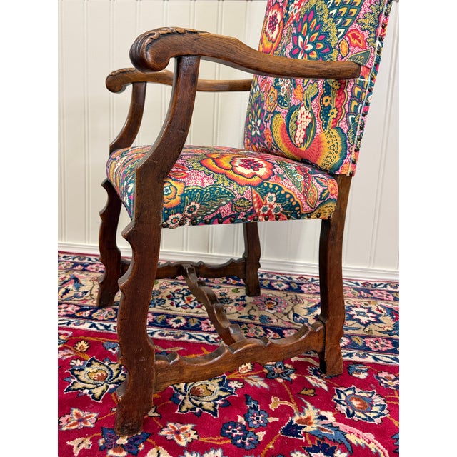 Antique Pair of Catalan Style Carved Oak Recently Upholstered Armchairs C. 1920s For Sale - Image 12 of 18