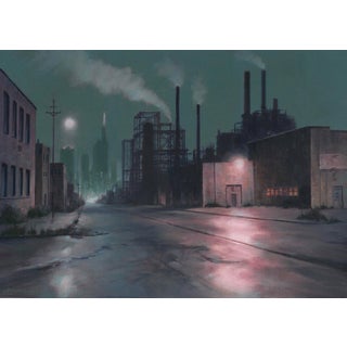Steeltown by Mark Harrison | Oil on linen Industrial landscape with factories and smokestacks. For Sale
