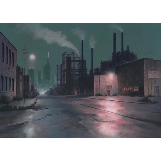 Steeltown by Mark Harrison | Oil on linen Industrial landscape with factories and smokestacks. For Sale