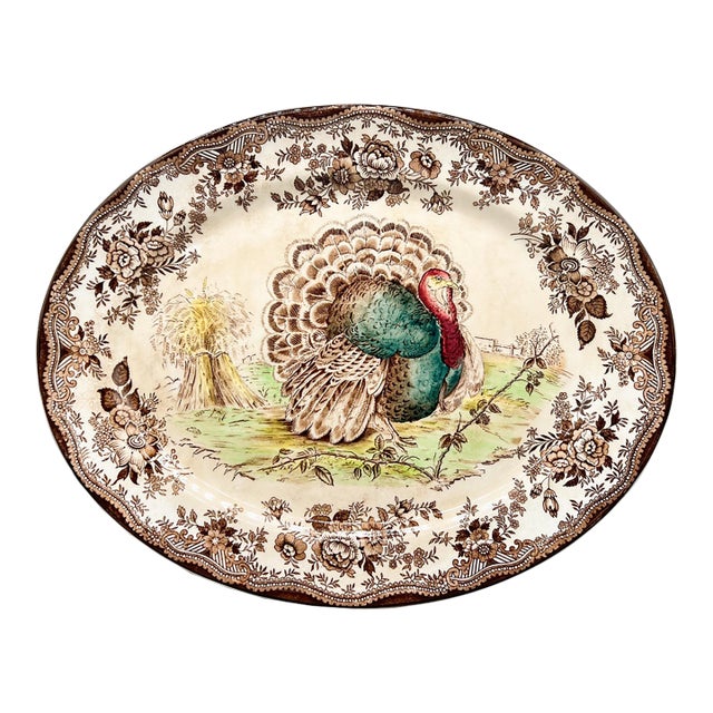 Vintage Clarice Cliff Royal Staffordshire Turkey Platter With Brown Transferware – English Country, Traditional For Sale