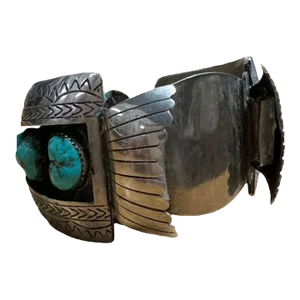 Silver Navajo Watchband Cuff W/ Bisbee Torqouise, Hyson Craig Style