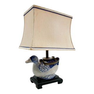 Asian Blue & White Ceramic Teapot Table Lamp With Silk Shade For Sale