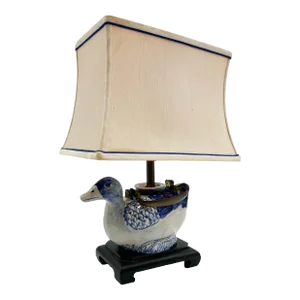 Asian Blue & White Ceramic Teapot Table Lamp With Silk Shade