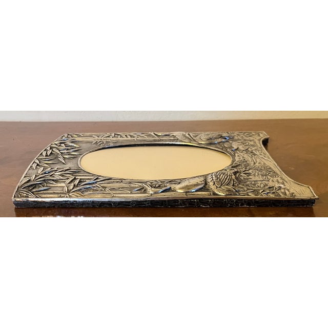 Metal Antique 19th Century Aesthetic Movement Silver Plate Picture Frame With Cranes and Bamboo For Sale - Image 7 of 11