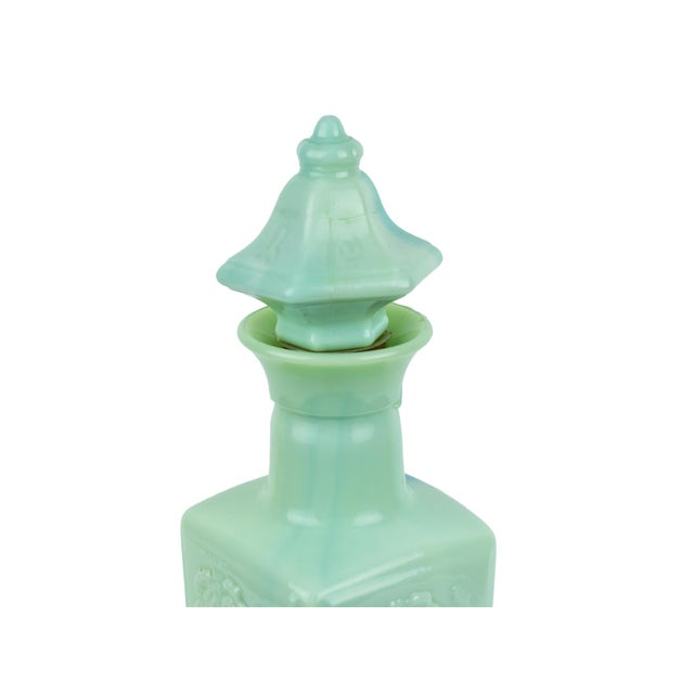 Mid 20th Century Mid 20th Century Jadeite Green Slag Glass Decanter With Pagoda Stopper and Embossed Floral Design For Sale - Image 5 of 8