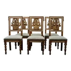 Oak Carved Gilt Dining Chairs C.1940 Attributed to Jansen - Set 6