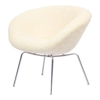 Arne Jacobsen Sheepskin Upholstered Pot Chair, Unmarked For Sale