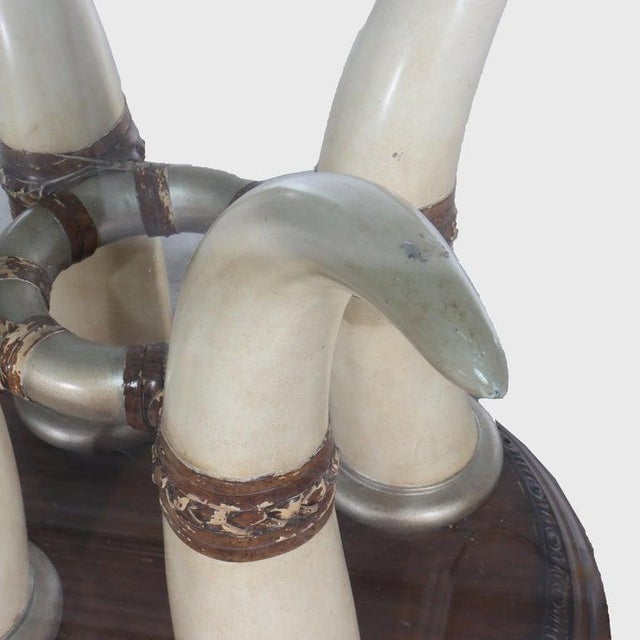 Wood Exotic Vintage Carved Faux Elephant Tusk Glass Top Dining Table 20thC For Sale - Image 7 of 13