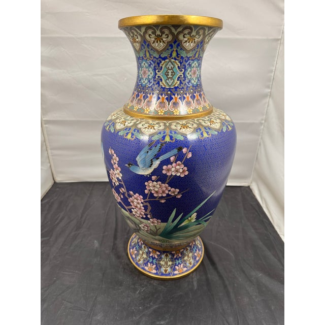 Metal Large 20" Chinese Cloisonne Enamel Vase Cobalt Blue Birds Cherry Blossom Vintage For Sale - Image 7 of 12