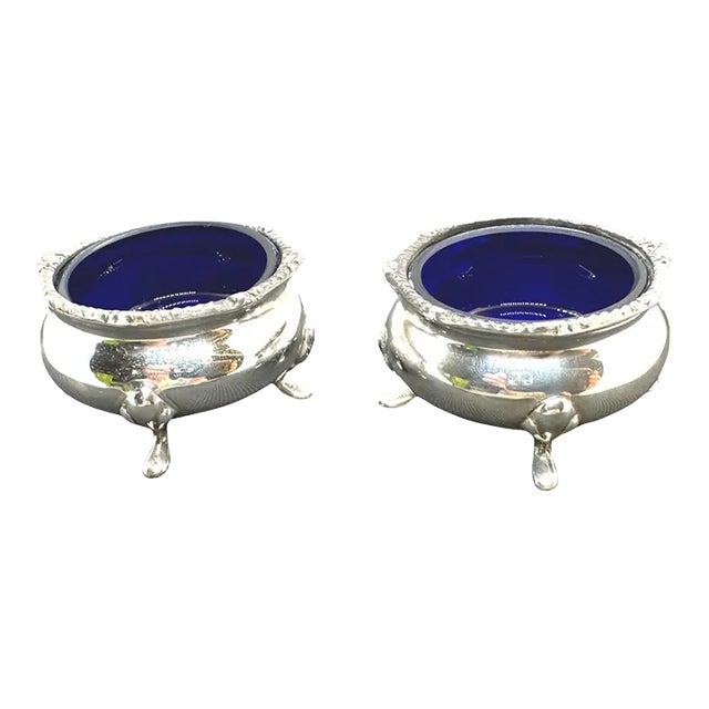 Pair of Late 19th Century Sterling Silver Salt Cellars With Cobalt Liners For Sale