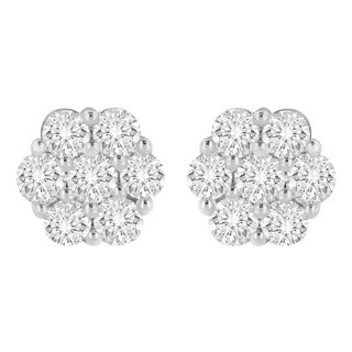 14K White Gold 3 cttw Prong Set Round-Cut Diamond Floral Cluster Stud Earring (I-J Color, SI1-SI2 Clarity) For Sale