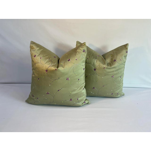 Early 21st Century Silk Green Pillows- a Pair For Sale - Image 4 of 4