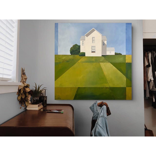 The Old Farmhouse by Justin Wheatley | Acrylic on Canvas White Farmhouse With Green Fields For Sale - Image 10 of 11