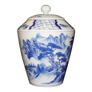 Chinese Porcelain Blue White Water Mountain Scenery Container For Sale