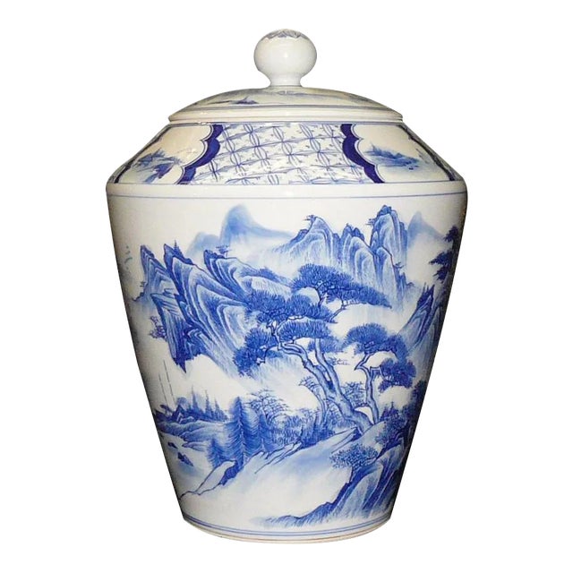 Chinese Porcelain Blue White Water Mountain Scenery Container For Sale